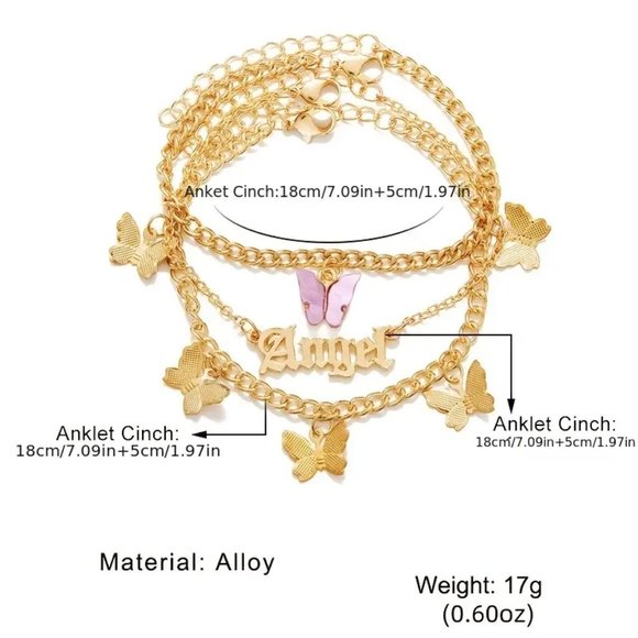 3 Pcs Butterfly Letter ANGEL Charm Chain Anklet Set, Adjustable Zinc Alloy Ankle - Picture 2 of 2